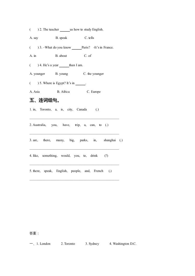 图片[2]-六年级英语上册Unit2AroundtheWorldLesson1同步练习3（人教版一起点）-淘课榜
