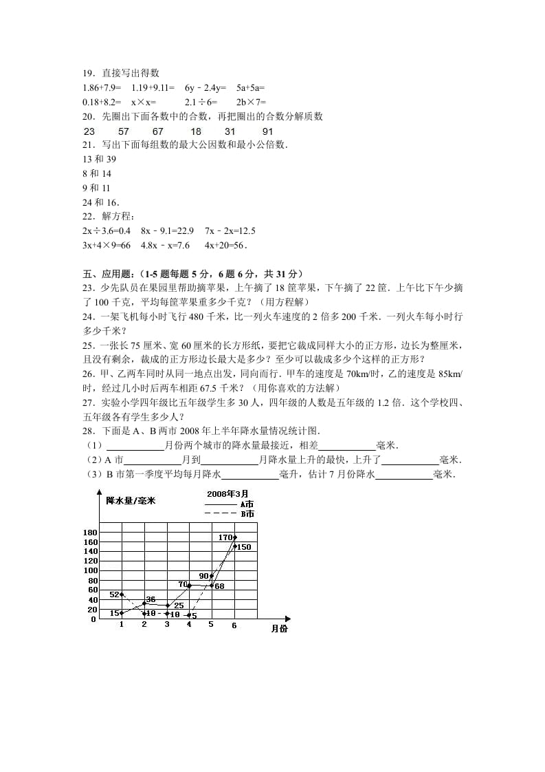 图片[2]-五年级数学下册苏教版下学期期中测试卷10-淘课榜