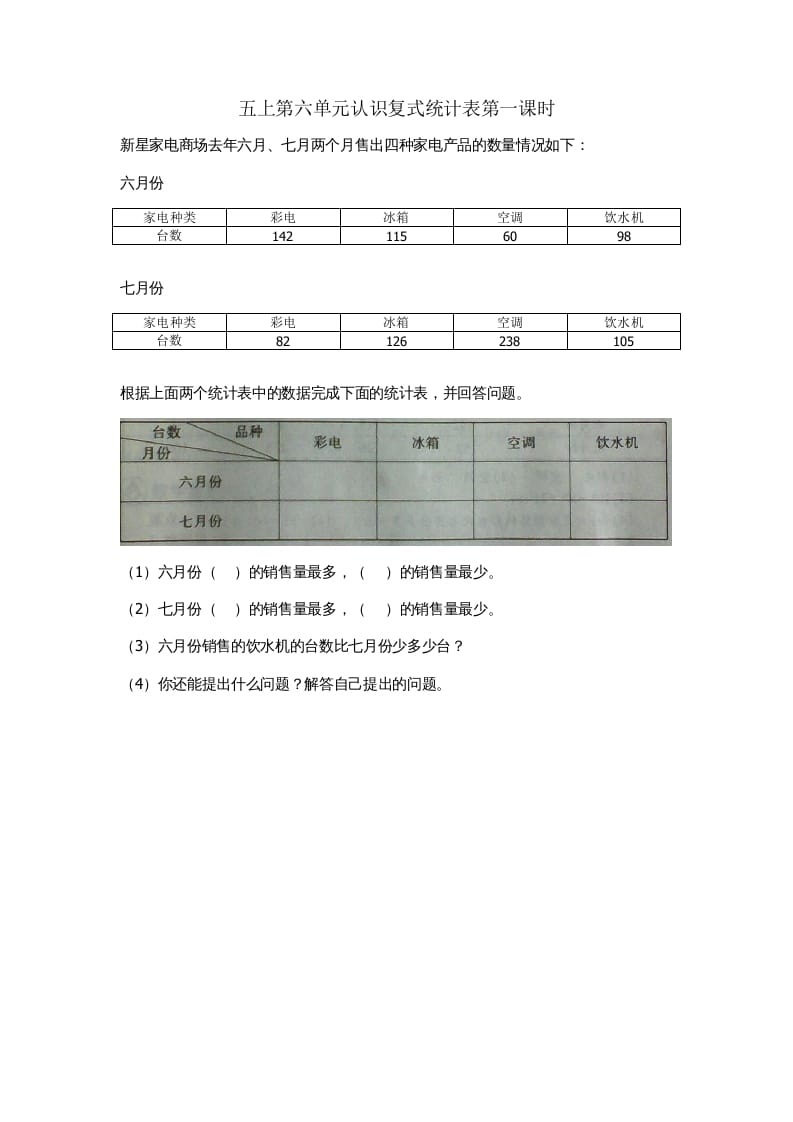 五年级数学上册6.1认识复式统计表（苏教版）-淘课榜