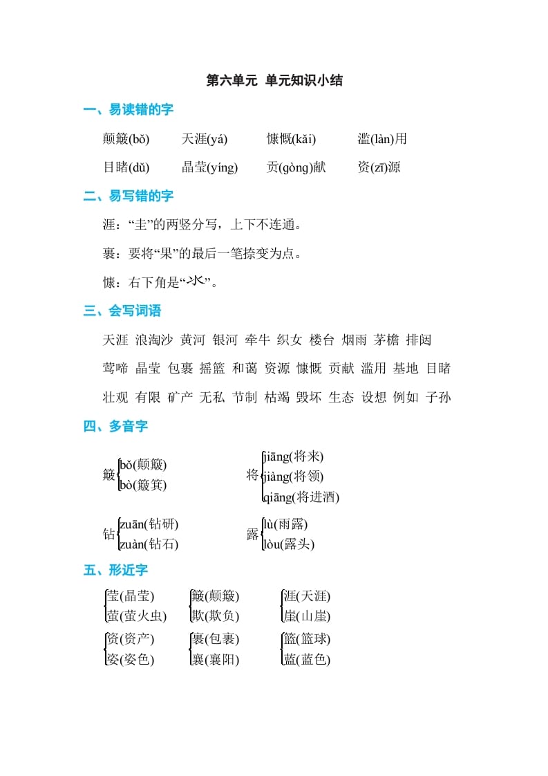 六年级语文上册第六单元单元知识小结（部编版）-淘课榜