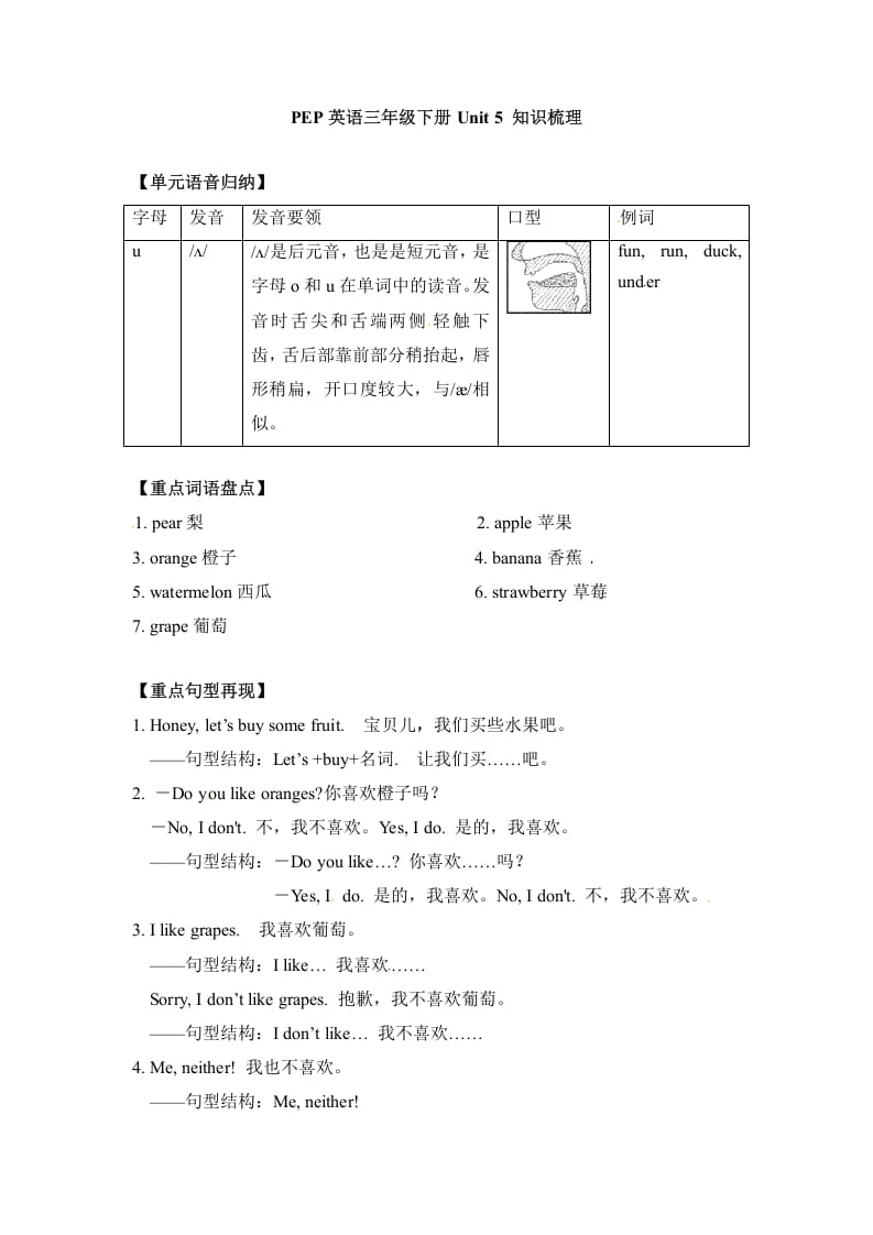 三年级英语下册单元知识梳理-Unit5Doyoulikepears人教PEP-淘课榜