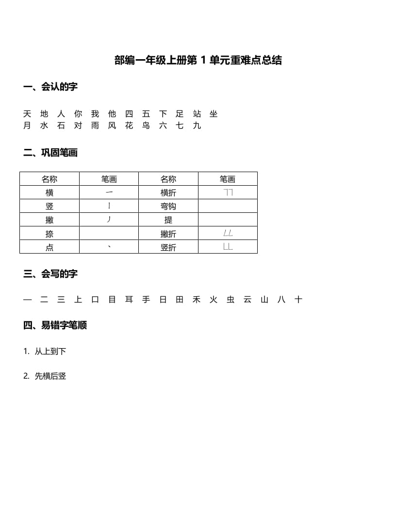 一年级语文上册-第1单元重难点知识总结（部编版）-淘课榜