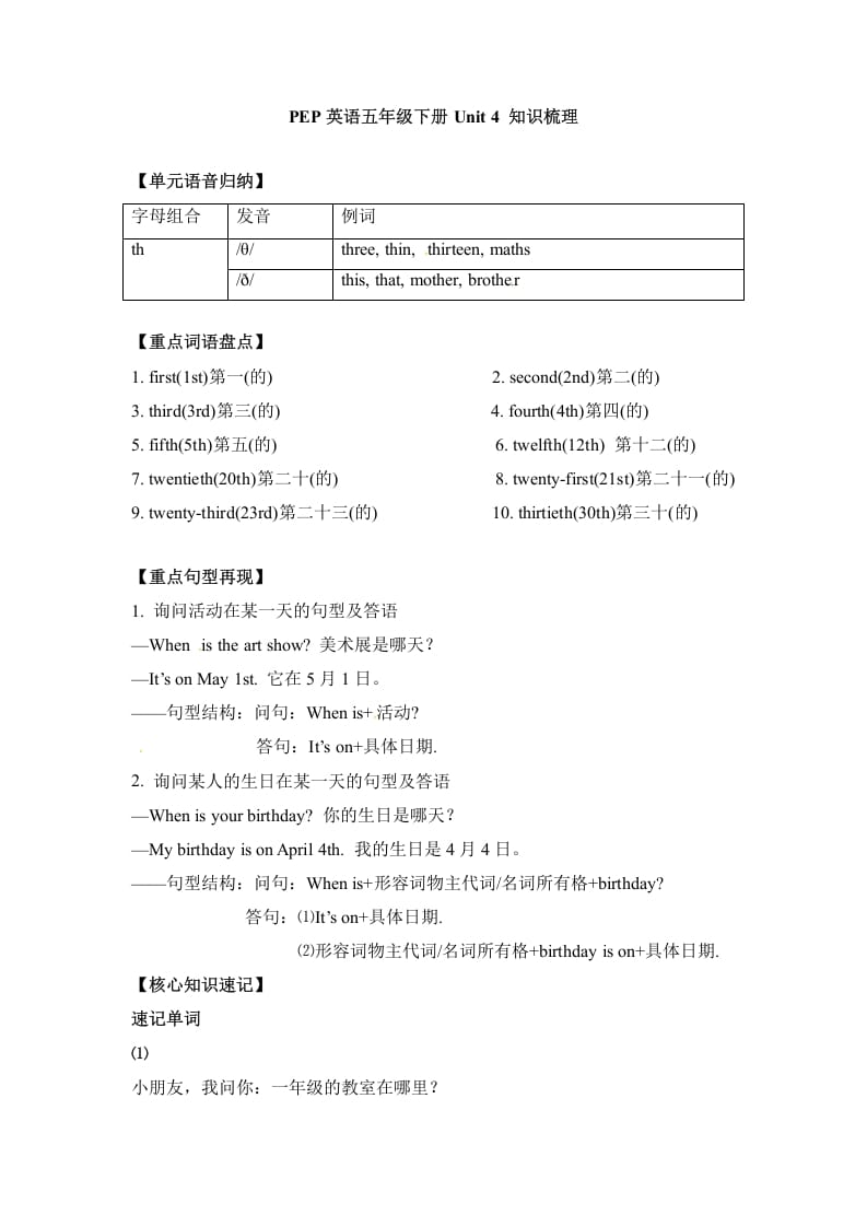 五年级数学下册英语单元知识梳理-Unit4Whenistheartshow人教PEP-淘课榜