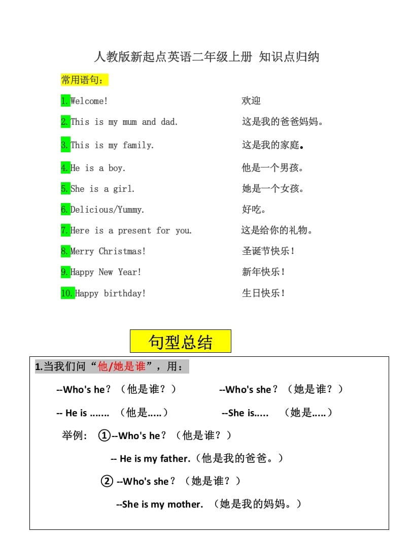 二年级英语上册知识点汇总（人教版一起点）-淘课榜