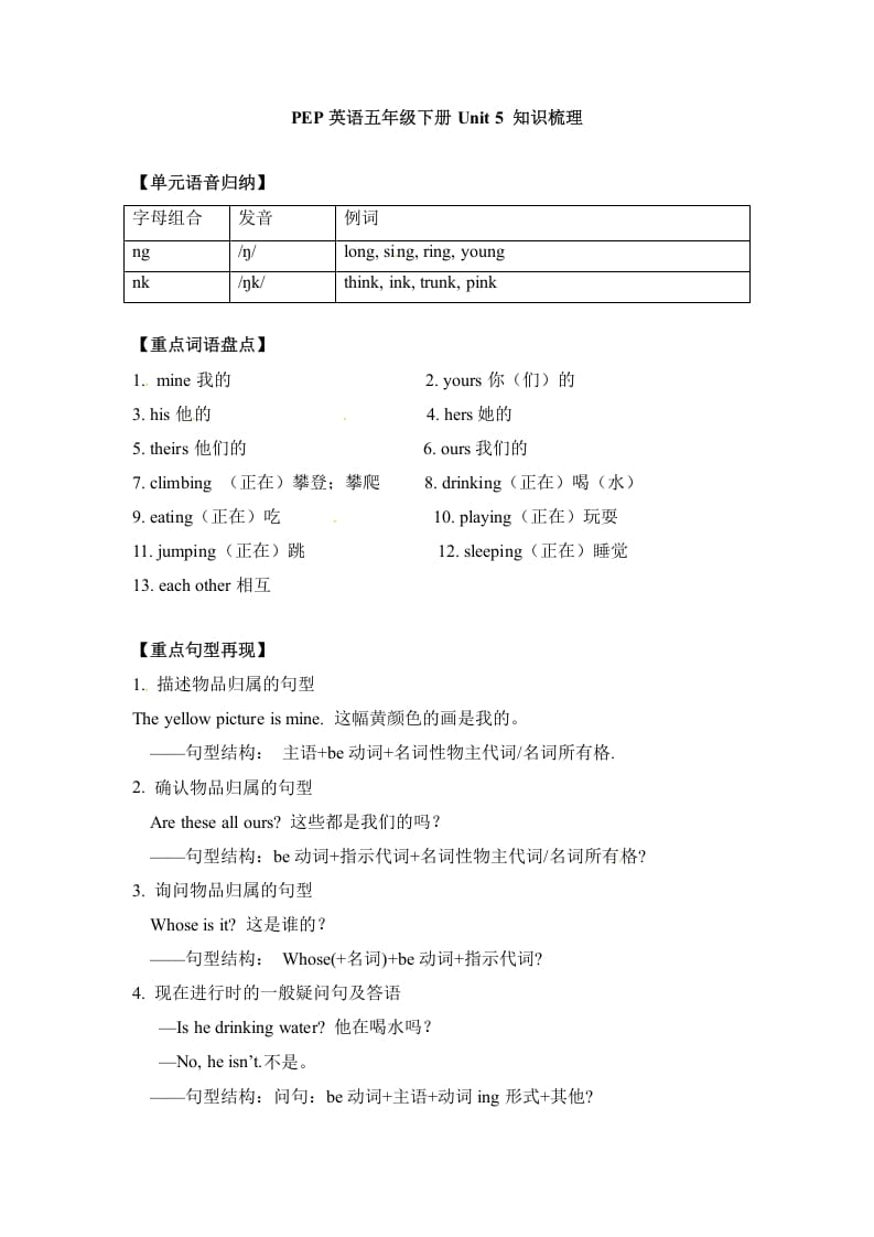 五年级数学下册英语单元知识梳理-Unit5Whosedogisit人教PEP-淘课榜
