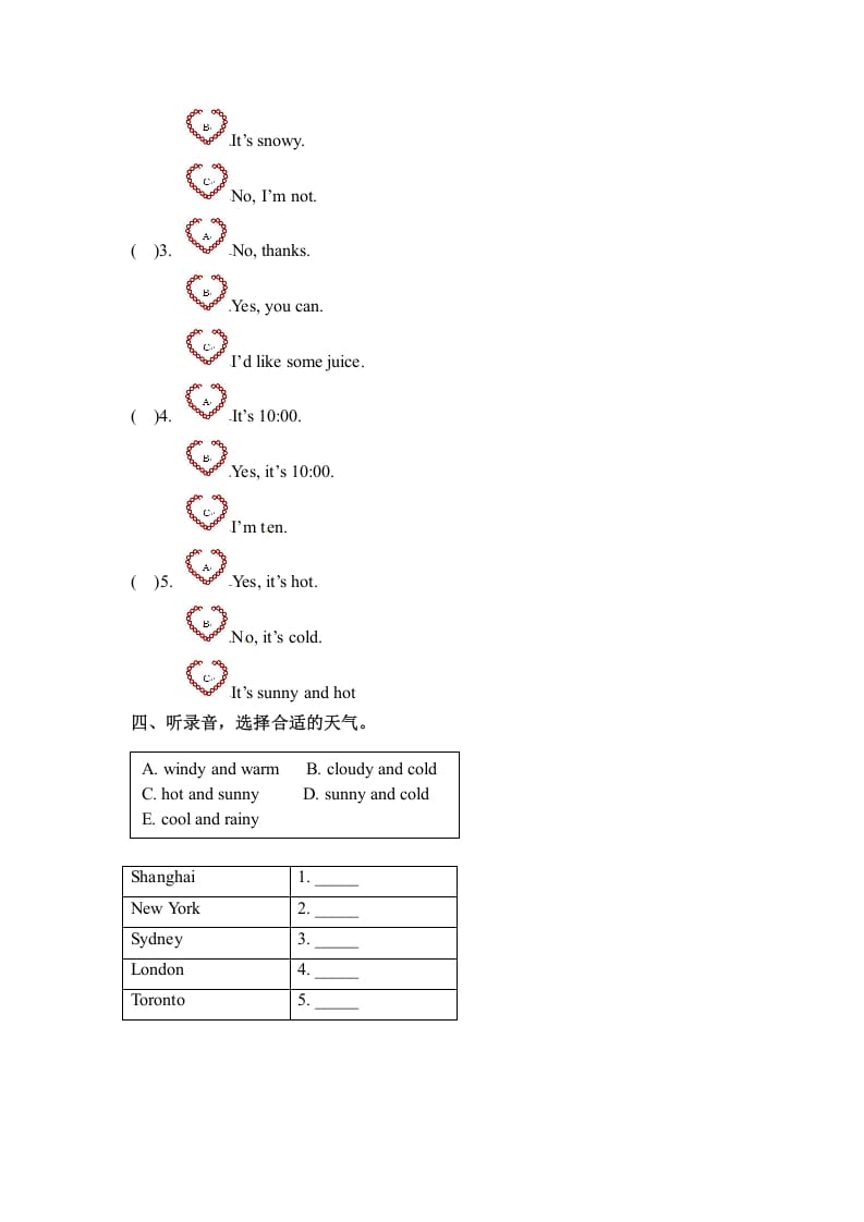 图片[2]-四年级英语下册Unit3WeatherPartB同步听力训练人教PEP版-淘课榜