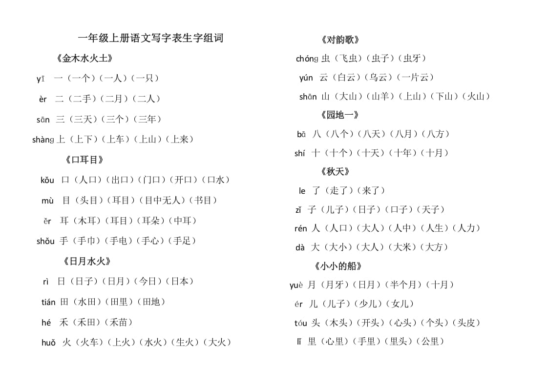 一年级语文上册上写字表生字组词（部编版）-淘课榜