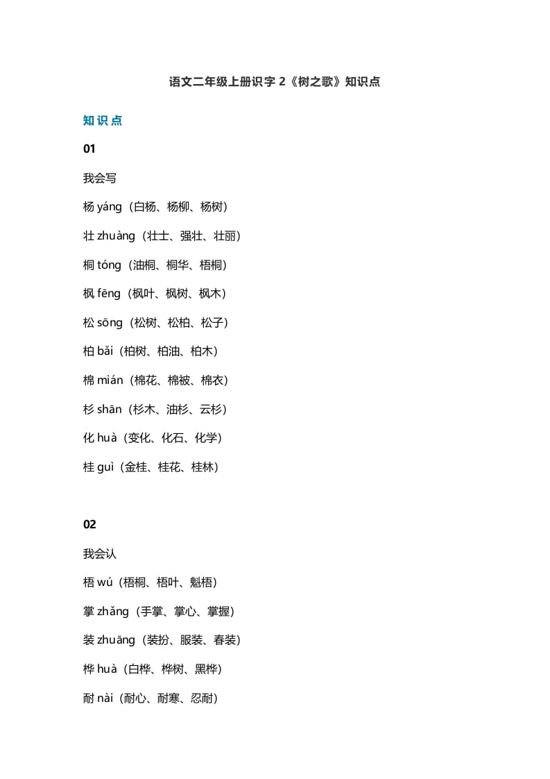 二年级语文上册5识字2《树之歌》知识点（部编）-淘课榜