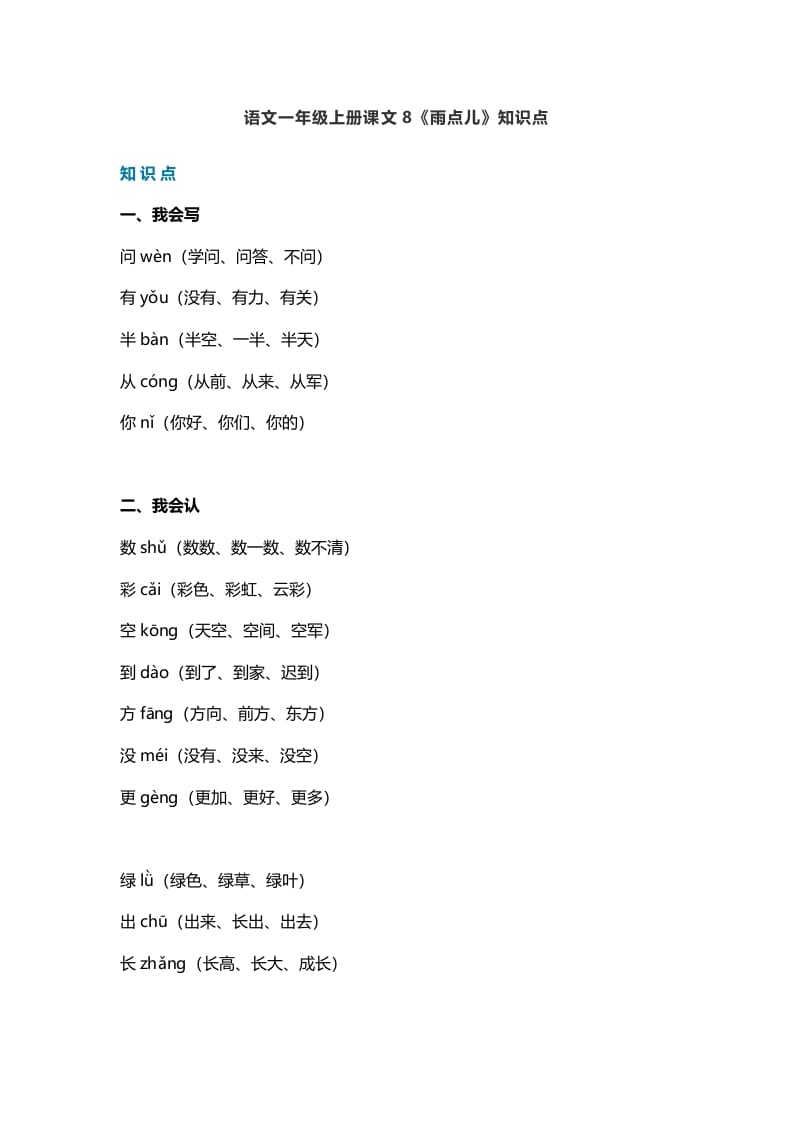 一年级语文上册31课文8《雨点儿》知识点（部编版）-淘课榜