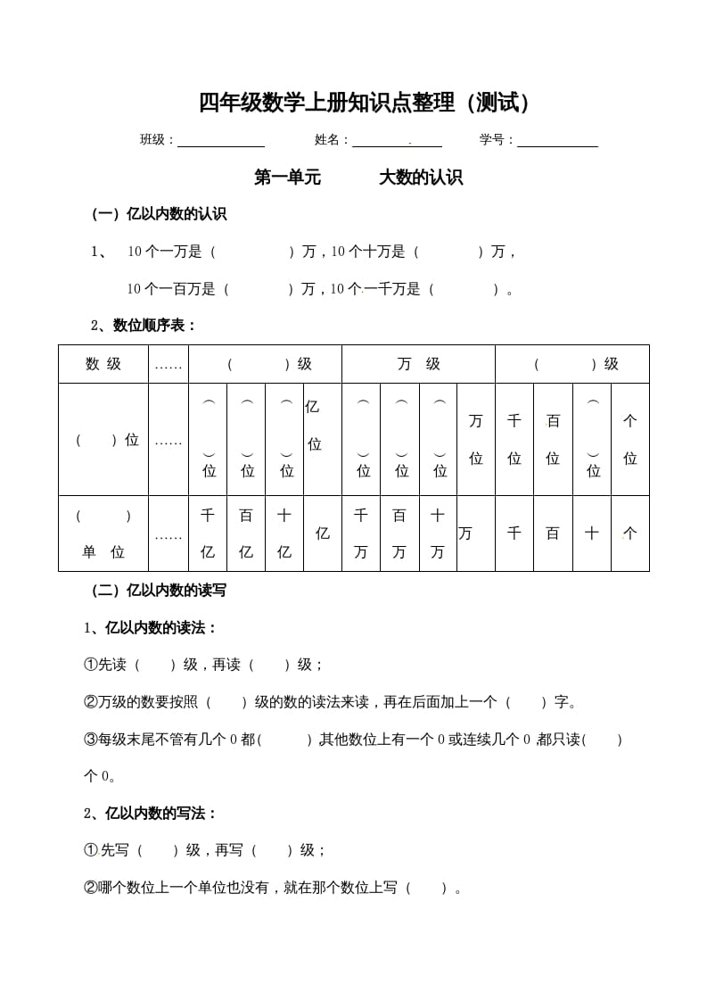 四年级数学上册【必考知识点】知识点整理（第1～2单元）（人教版）-淘课榜