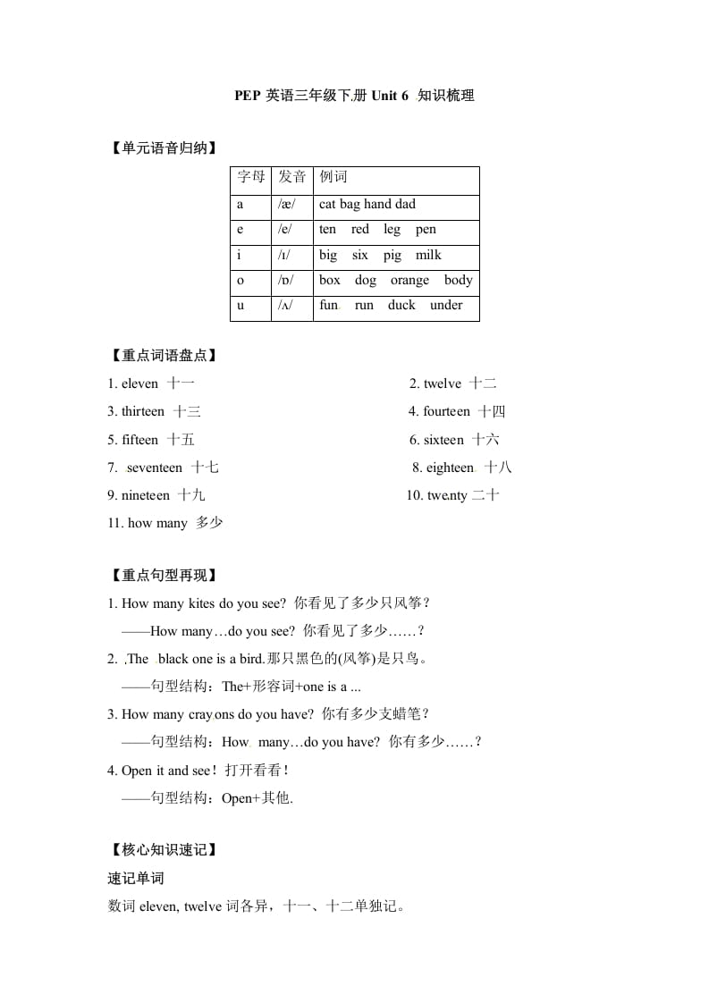 三年级英语下册单元知识梳理-Unit6Howmany人教PEP-淘课榜