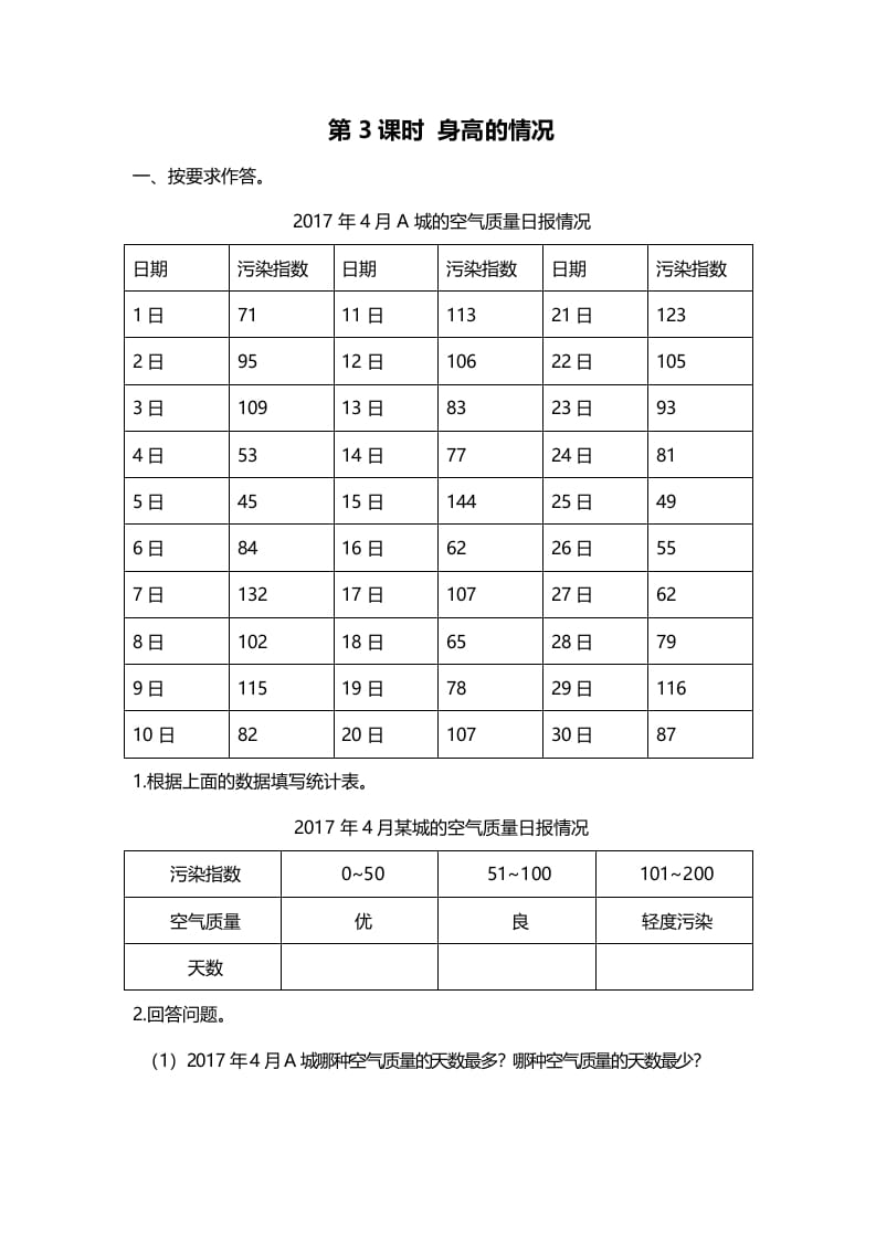 六年级数学上册第3课时身高的情况（北师大版）-淘课榜