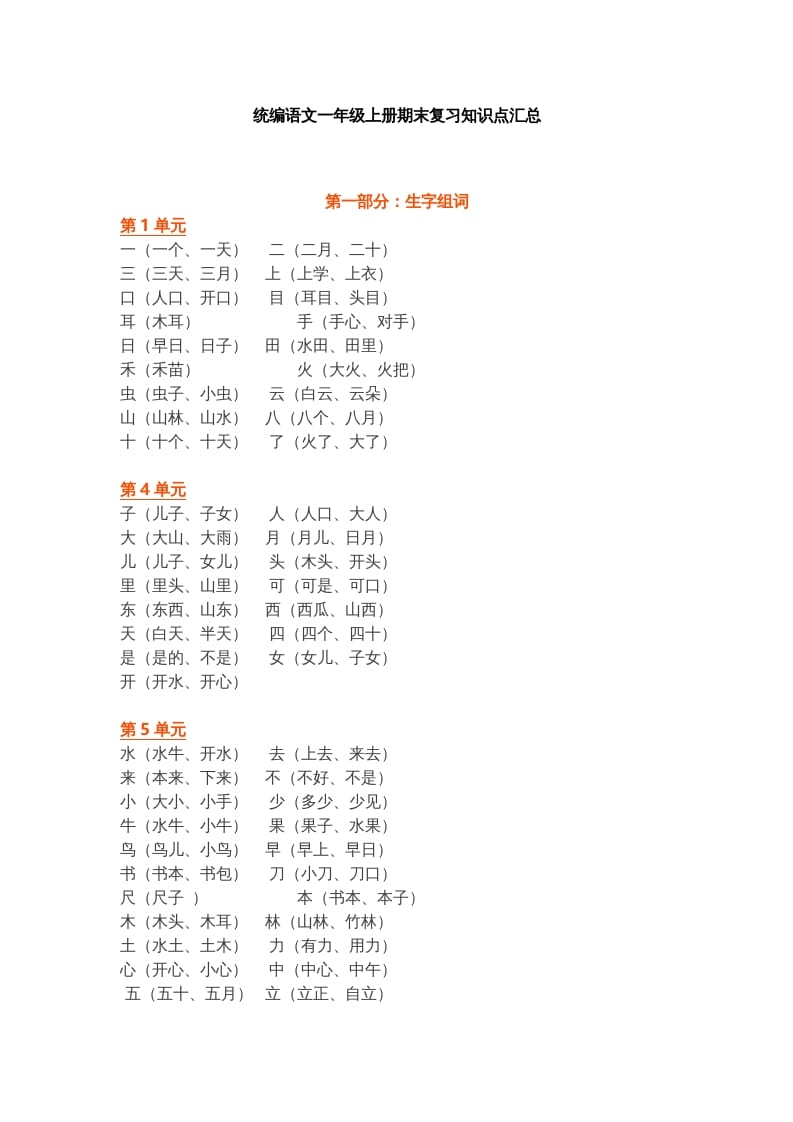 一年级语文上册部编本：统编期末复习知识点汇总（部编版）-淘课榜