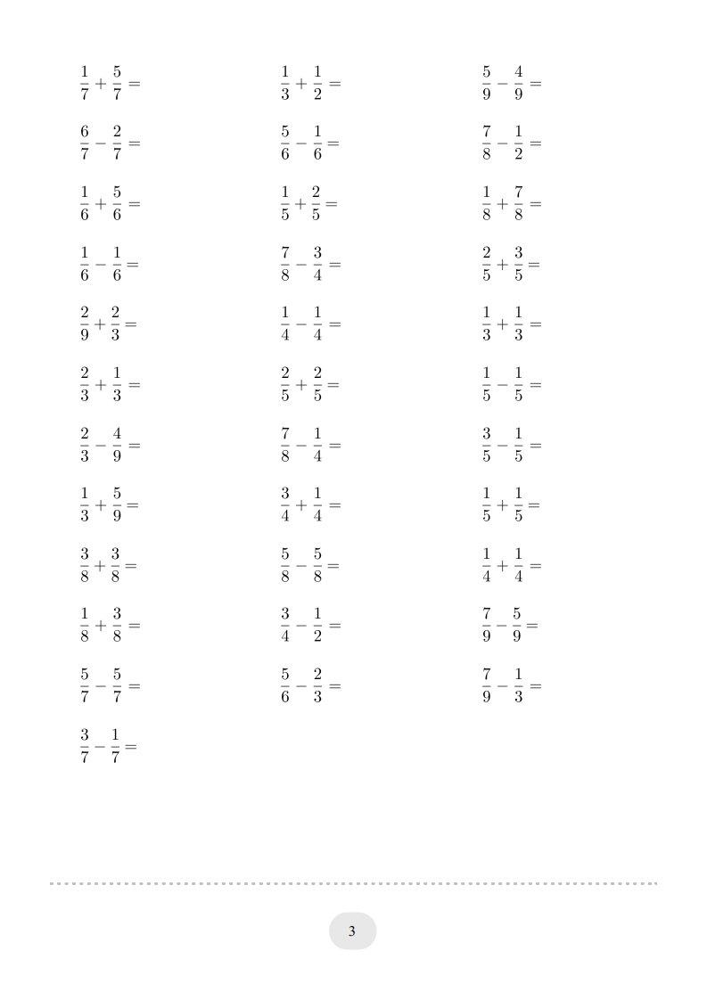 图片[3]-三年级数学上册口算题(分数的简单计算)1000题（人教版）-淘课榜