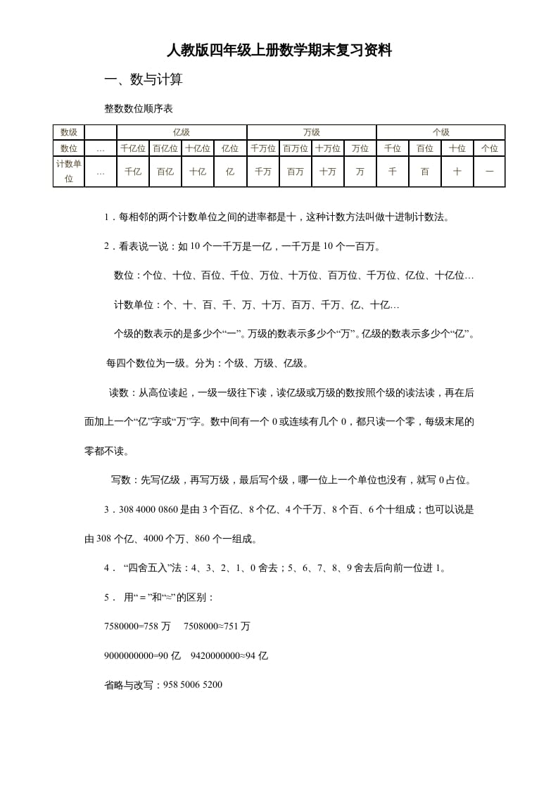四年级数学上册人教版期末复习资料7页（人教版）-淘课榜