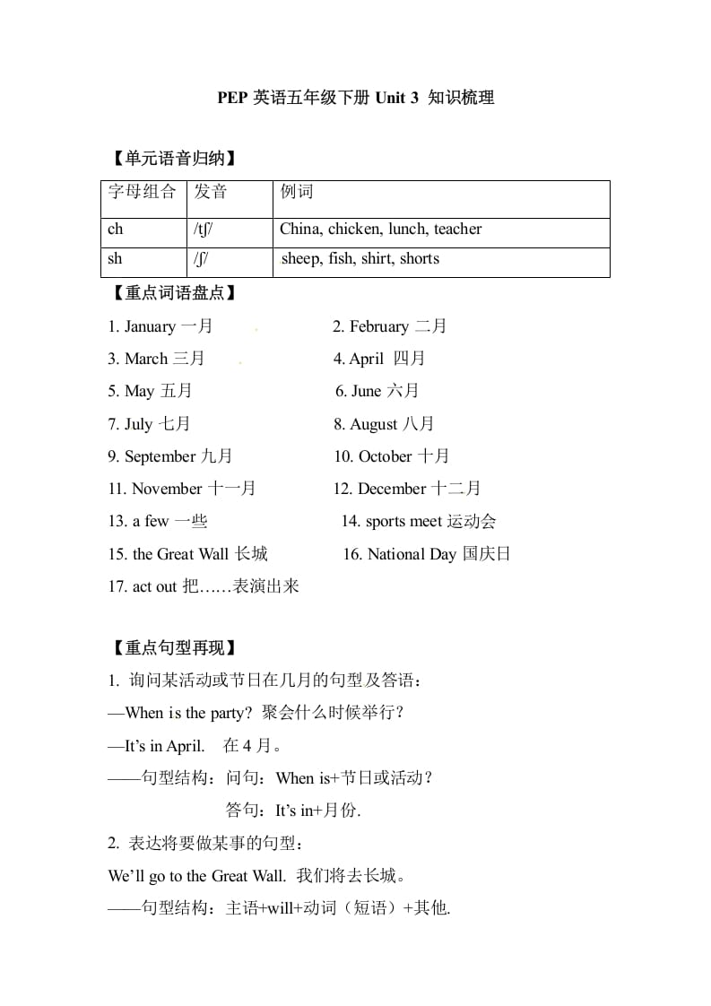 五年级数学下册英语单元知识梳理-Unit3Myschoolcalendar人教PEP-淘课榜